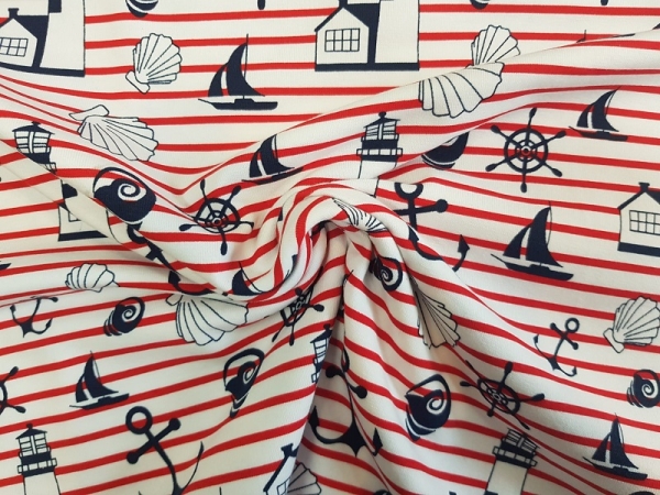 Jersey weiss/rot gestreift mit dunkelblauen maritimen Motiven